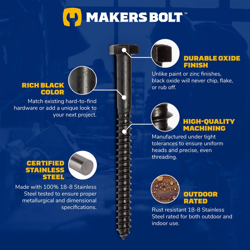 MAKERS BOLT 1/4" x 3" Stainless Steel Hex Lag Bolts (10 pcs) Black Oxidized in USA by Makers Bolt - Image 3